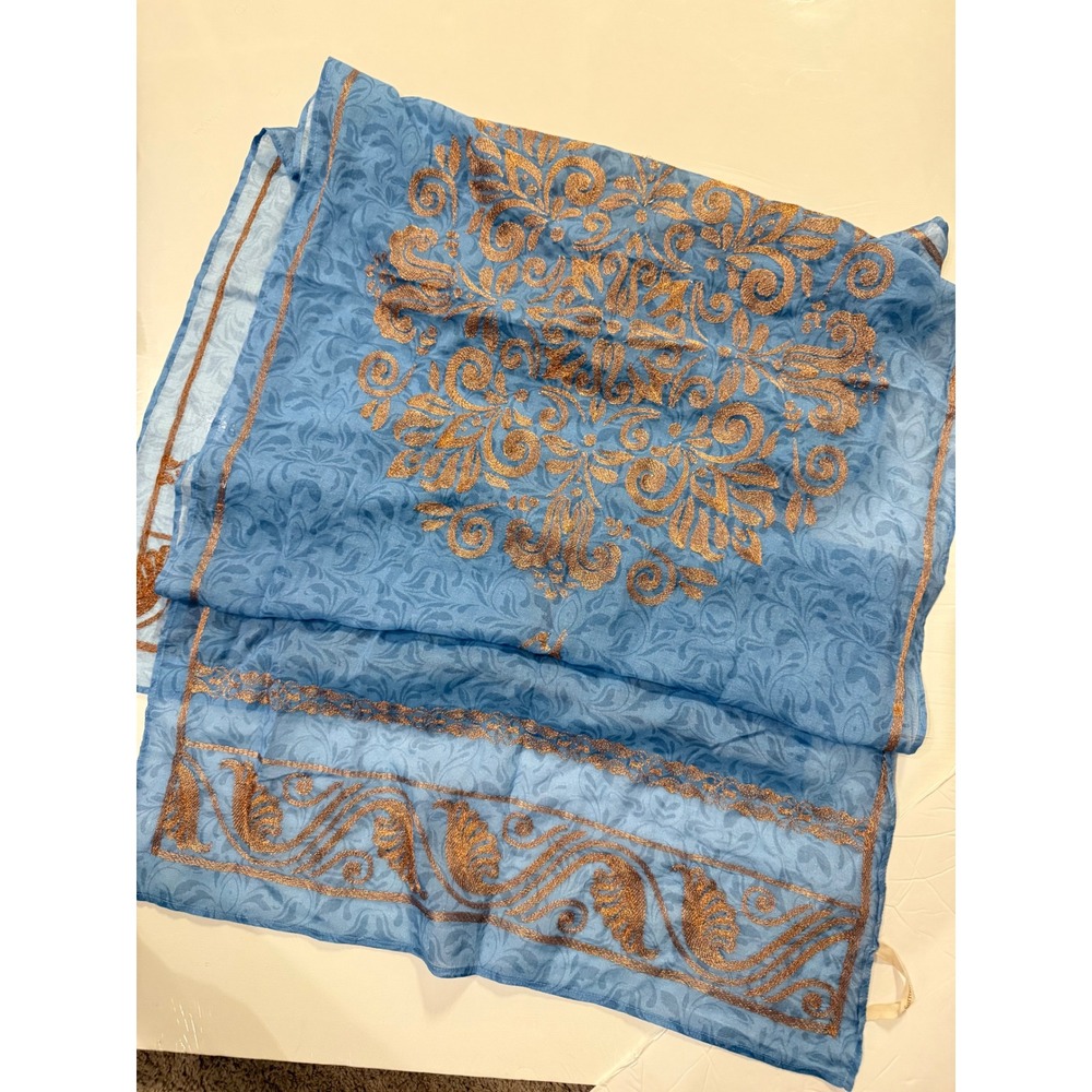 Soft Surroundings Blue Damask Scarf Copper Metallic Embroidered Wrap Rectangular